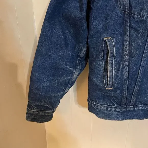Vintage PLAIN POCKETS Sherpa Lined  Denim Trucker JACKET 36 - Picture 2 of 9